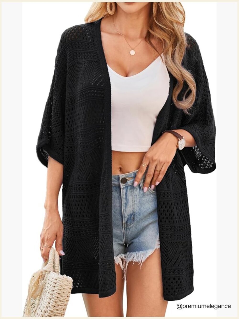 Oversized Crochet Kimono Cardigan Open Front Boho Short Sleeve Lightweight